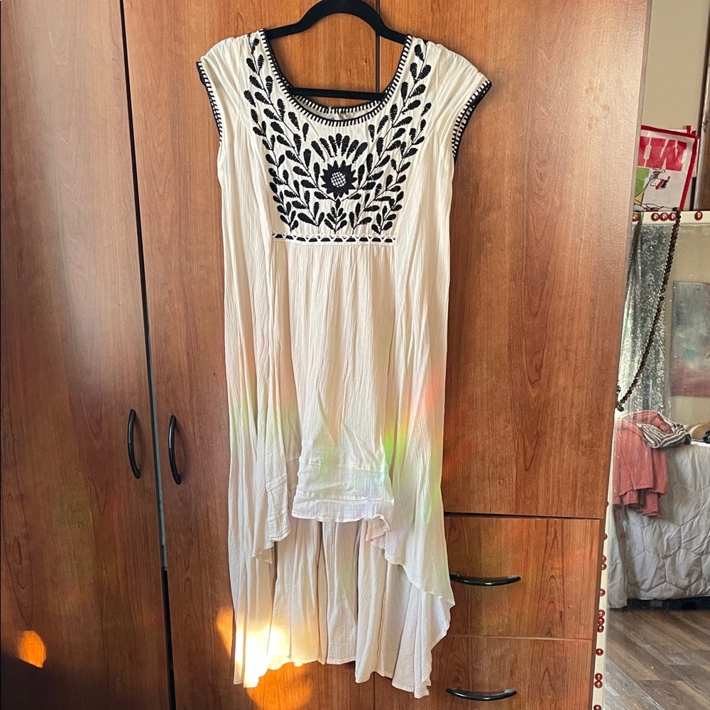 Free People Cream High Low Dress with Black Embroidery